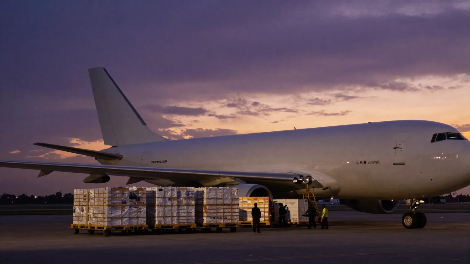 Air cargo pallets being loaded onto a freight airplane on the tarmac under a purple dusk sky.