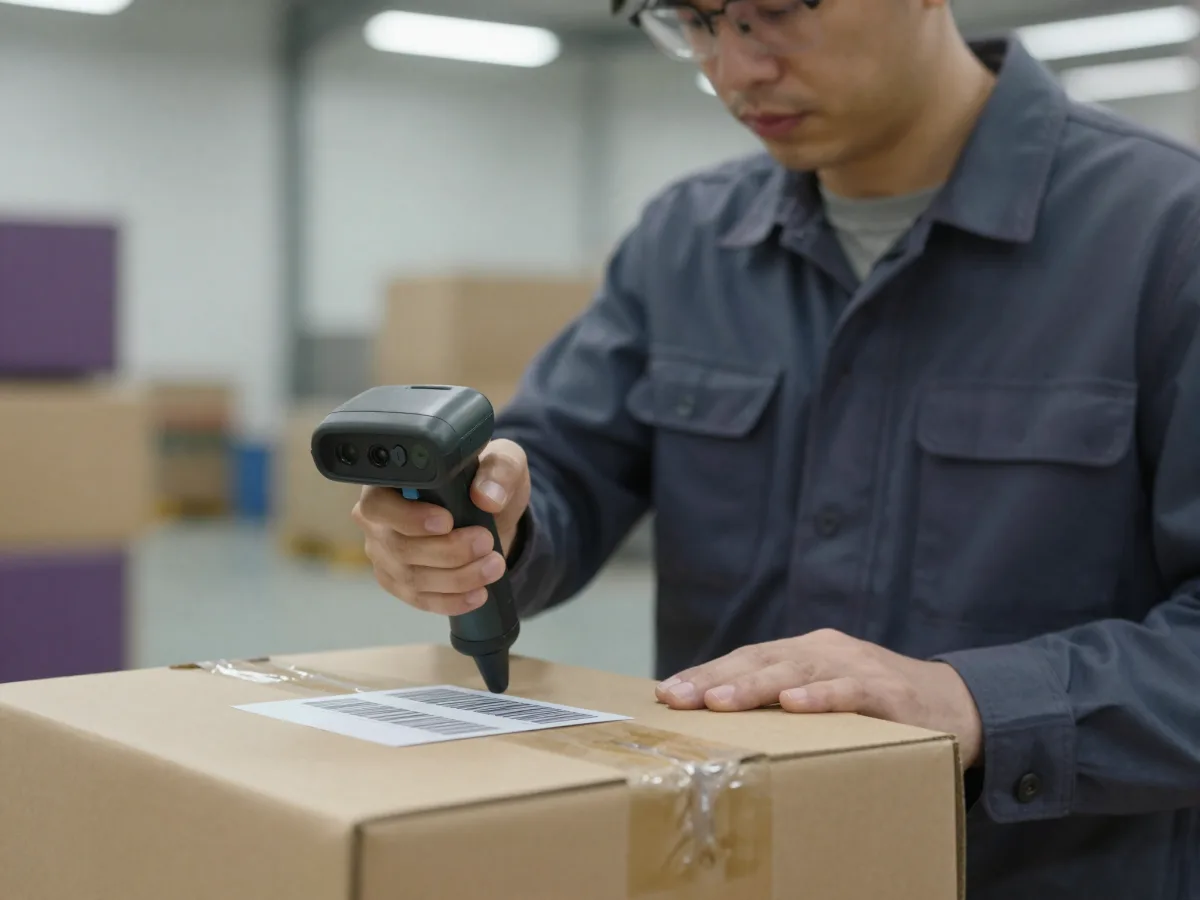 A warehouse worker scans the barcode of a cardboard parcel with a handheld scanner in a modern facility.