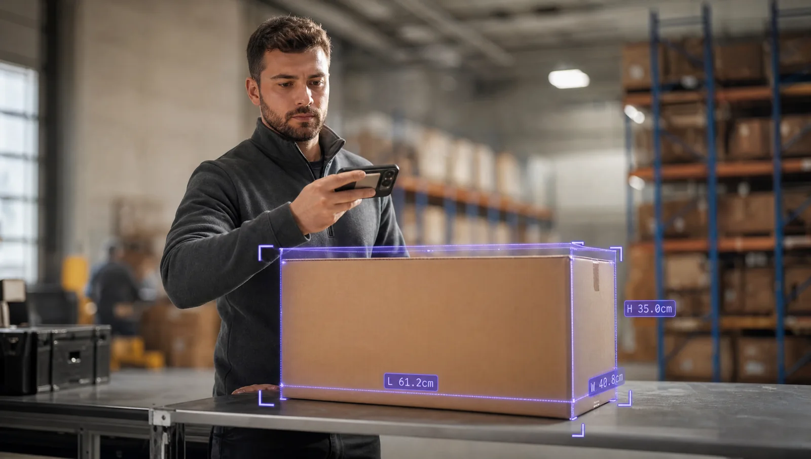 A 3PL warehouse operator measures a kraft cardboard parcel with CargoFusion. The augmented-reality overlay reads 61.2 by 40.8 by 35.0 centimeters.